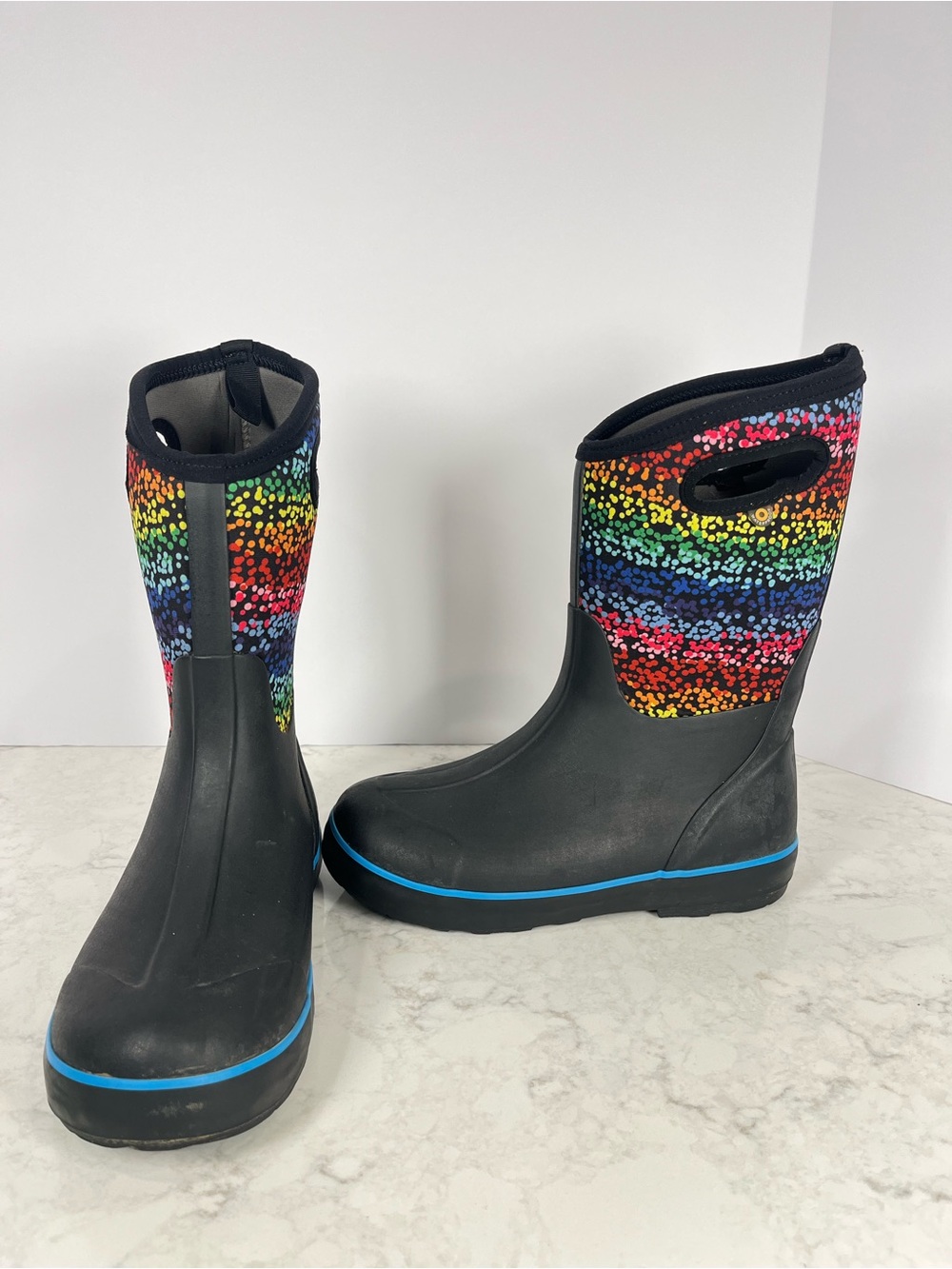 Bogs Black Rain Boots with Rainbow Dot Upper